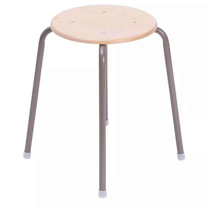 Holzstuhl, Hocker, Rundholzplatte, Metallbeine, Beige/Grau