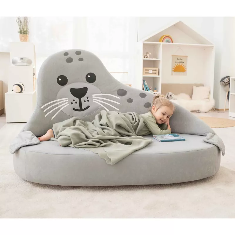 Kinder-Sitzsack, Tiermotiv, grau, Kuschelbett, Welle-Sessel