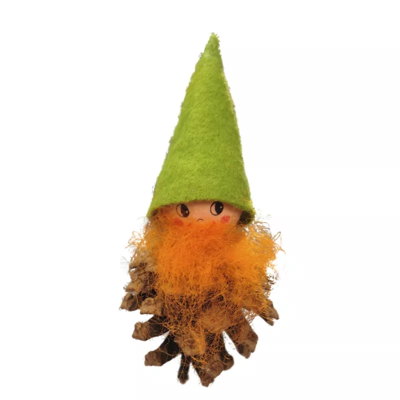 Deko_Gnom, Graupen-Gnom, Kiefernzapfen, Grün_Hut, Orange Bart
