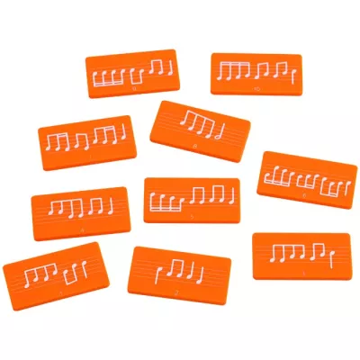 orange blocks, musical notes, note tiles, tariff cards, keyboard-like pattern