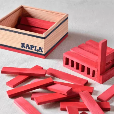 Kapla-Bausteine, Holzbausteine, rote Bausteine, Holzspielzeug, Aufbewahrungsbox