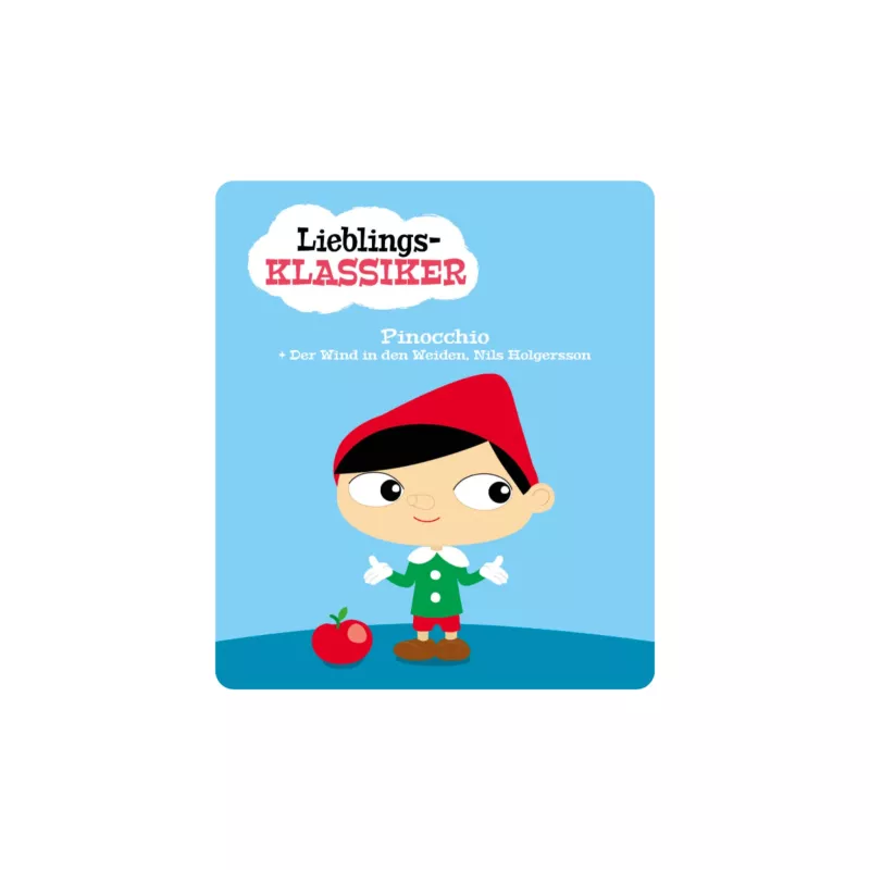 Kinderbuch, Pinocchio, Illustration, Blaues Hintergrund, Apfel