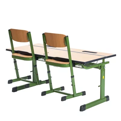Klassenzimmerstuhl, Schreibtischstuhl, Schulmöbel, Holzsitze, Grünes Metallgestell
