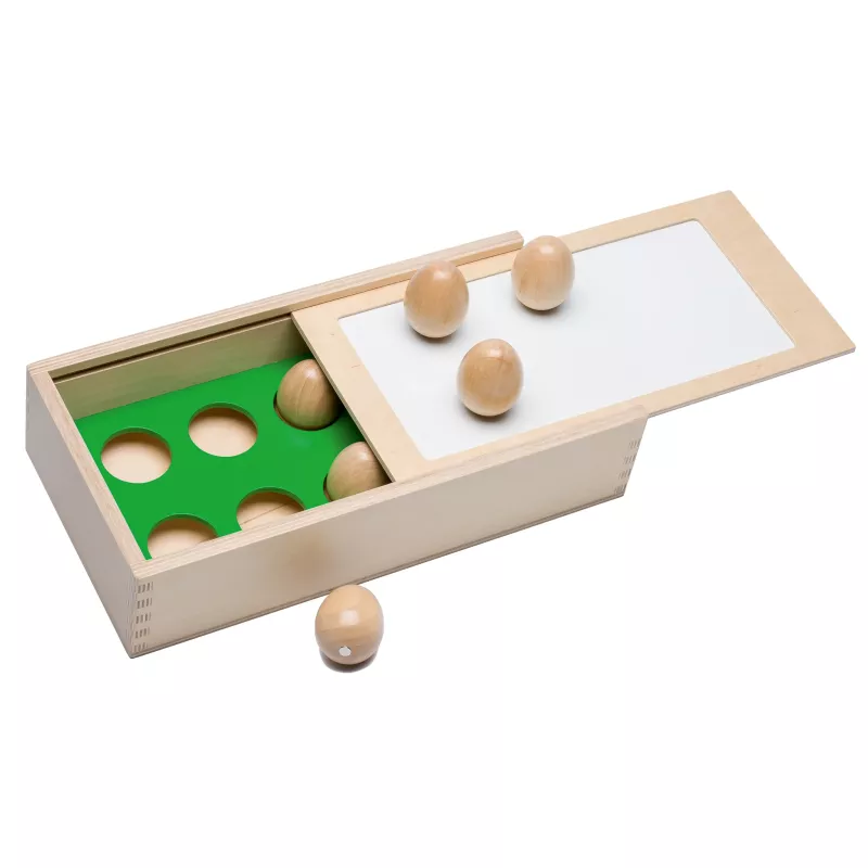 Holzspielzeug, Kugelspiel, Holzbox, Maßstab/Schiebeschnür, Holzknäuel