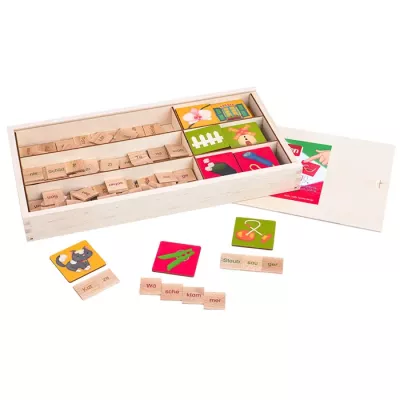 Holzbox, Holzspielzeug, Wörterspiel, Buchstaben, Puzzle