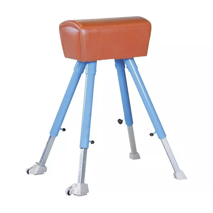 Gymnastik-Pommelhock, gepolsterte Oberseite, verstellbare Beine, blauer Rahmen, Vierbeiniger Ständer