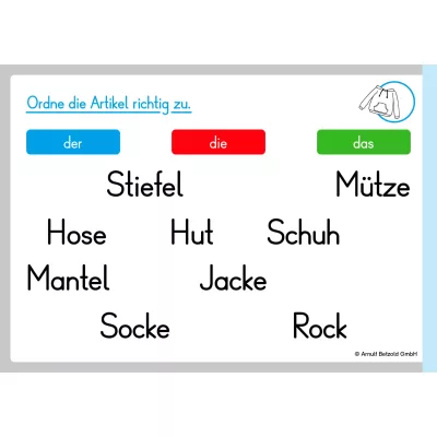Lernkarte, deutsche Artikel, Kleidungswörter, Zuordnungsübung
