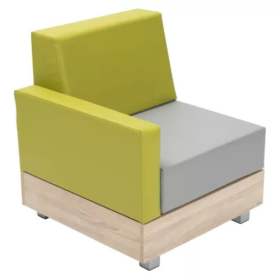Sessel, Modularer Sessel, grüne Polsterung, Holzbasis, graue Sitzfläche