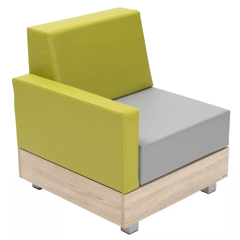 Sessel, Modularer Sessel, grüne Polsterung, Holzbasis, graue Sitzfläche