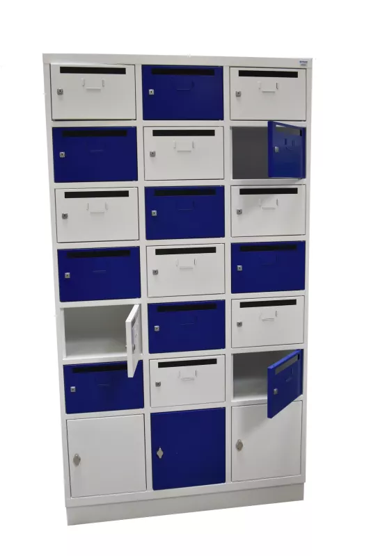 Postfachschrank, Schubladenbox, Aufbewahrungsschrank, Metallkorpus, blau-weiß