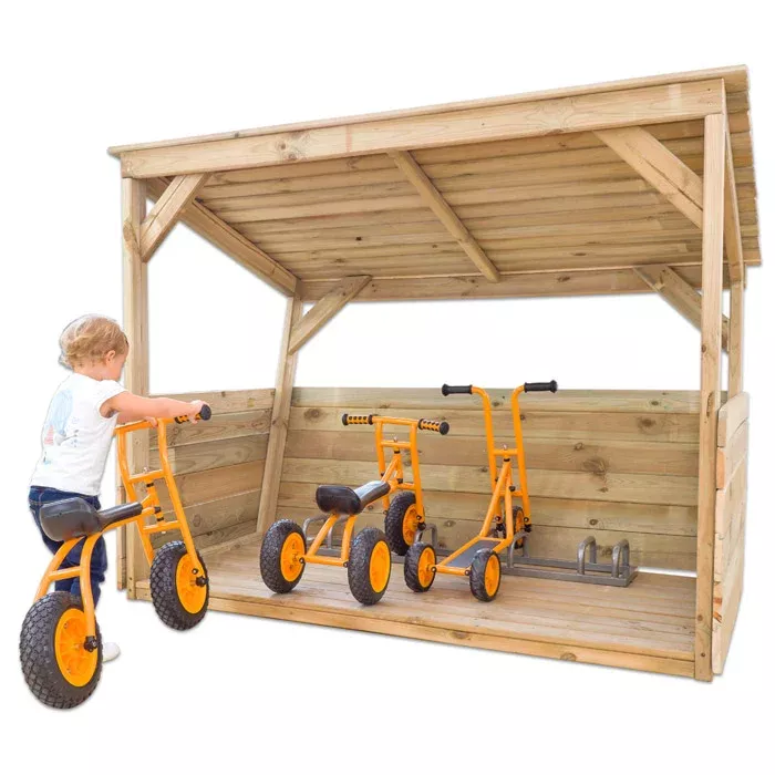 Holzgarage, Kinderfahrzeuge, Dreirad, Pedalos, Schutzzelt?