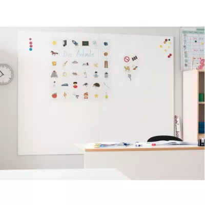 whiteboard, classroom, stickers, desk, clock