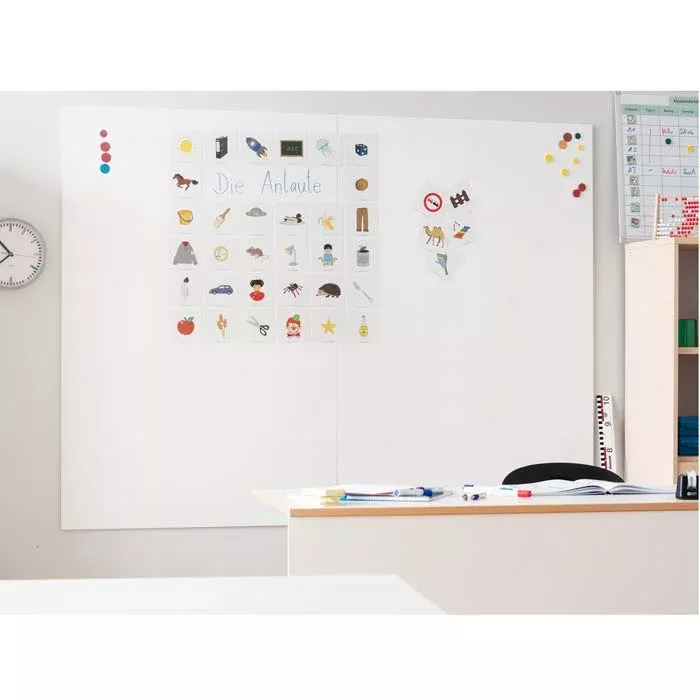 whiteboard, classroom, stickers, desk, clock