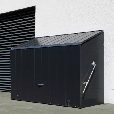 Container, Metallbox, Außenspeicher, geneigtes Dach, stahlgrau