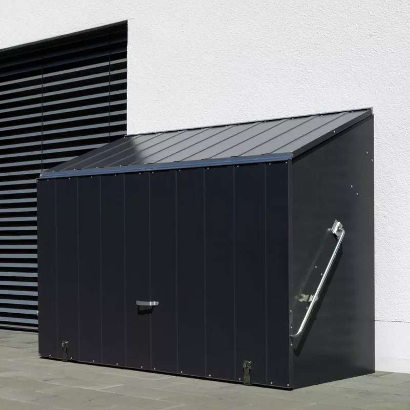Container, Metallbox, Außenspeicher, geneigtes Dach, stahlgrau