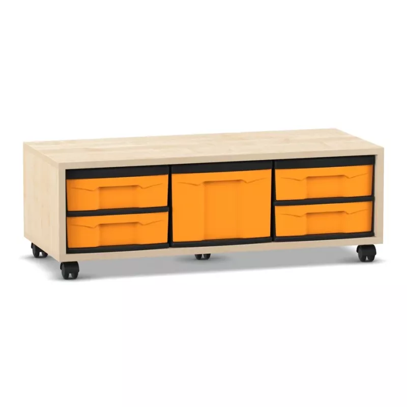 sideboard, Aufbewahrung, orangefarbene Einsätze, Holzrahmen, rollbare Rollen