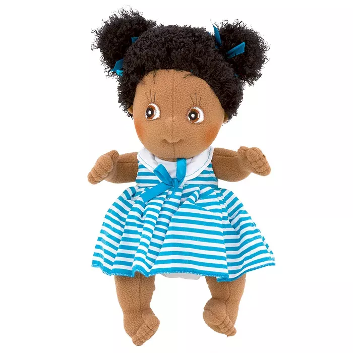 Plüschpuppe, Puppenkleid, Gestreiftes Kleid, blaues Band, braune Haut