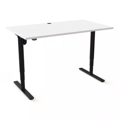 Schreibtisch, höhenverstellbar, weiße Tischplatte, Metallbeine, Kabeldurchlass