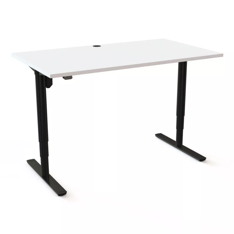Schreibtisch, höhenverstellbar, weiße Tischplatte, Metallbeine, Kabeldurchlass