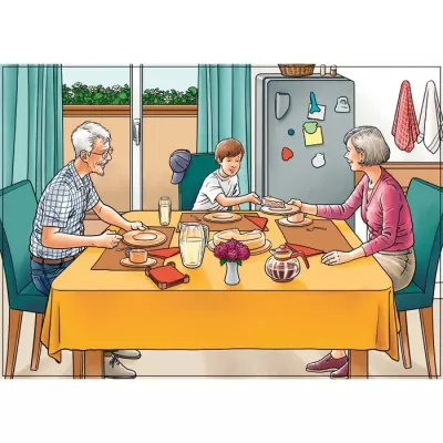 Esstisch, Familienessen, Küchentisch, Stühle, Geschirr