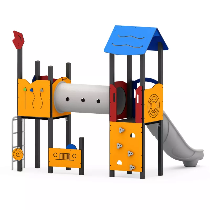Spielplatz, Klettergerüst, Rundrohrtreppe, Rutsche, Kletterwand