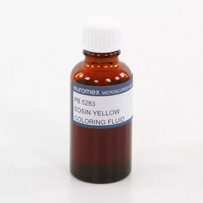 Eosin Yellow, Farbflüssigkeit, Mikroskopie, Fläschchen aus braunem Glas, Braune Flüssigkeit