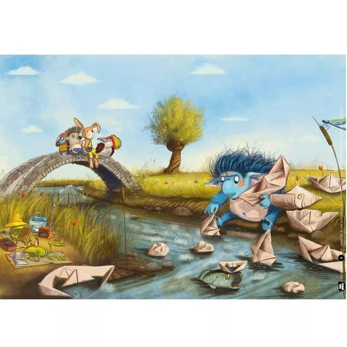 papierkunst, papierboote, monsterszene, freundliche taniere, flusslandschaft