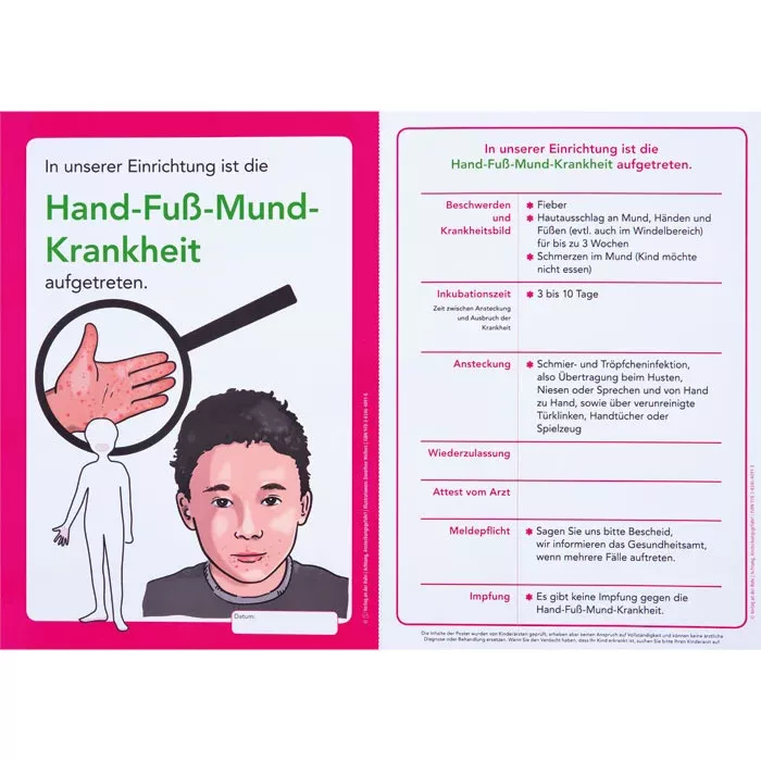 Hand-Fuß-Mund-Krankheit, Infopostkarte, Krankheitssymptom, Messlatte, Illustration
