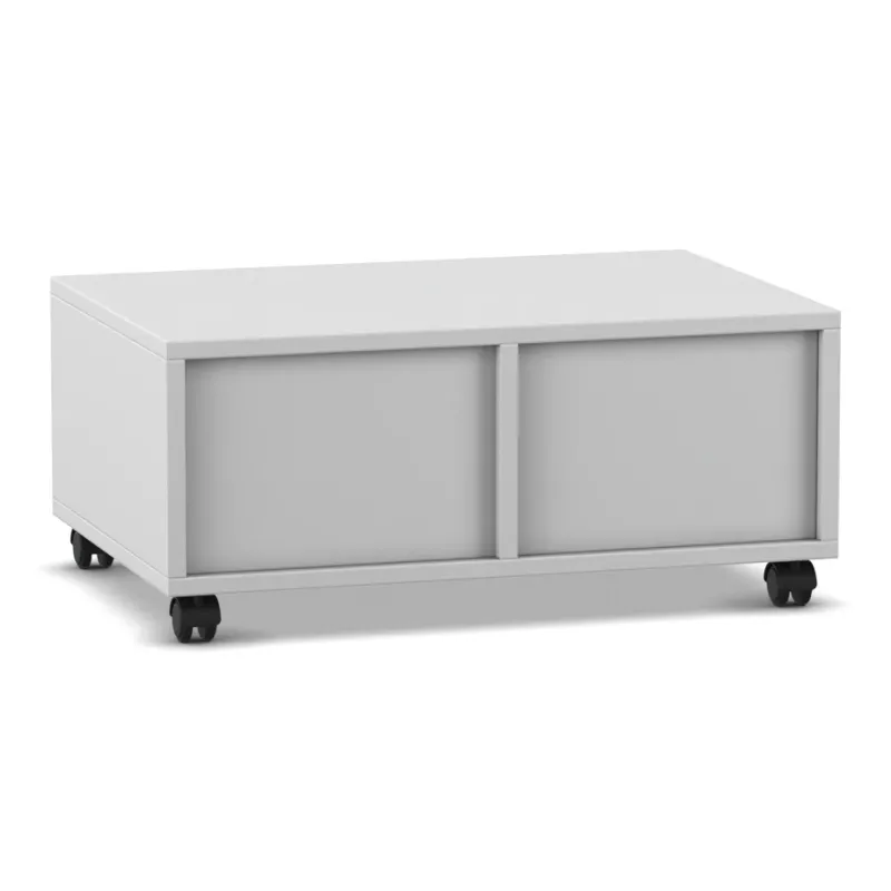 low cabinet, storage unit, cabinet on wheels, sliding doors, white color