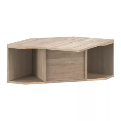 low table, coffee table, oak finish, open shelf, rectangular