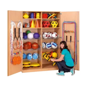 Sportschrank, 190 x 126,4 x 60 cm, mit 6 Gitterkörben, 4 Böden und Türen mit Gerätehaken