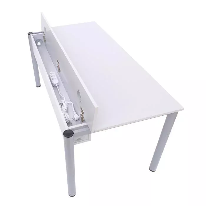 schreibtisch, kleiner schüler schreibtisch, ausziehbare schublade, elektrische steckdosensperre, weißes holz
