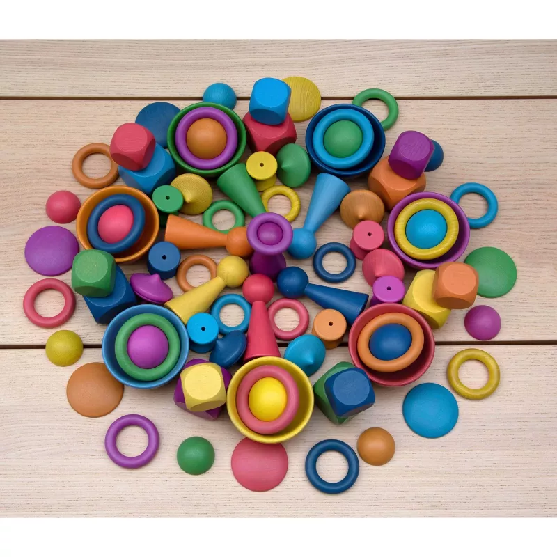 holzspielzeug, bausteine, rund, bunt, kegelringe