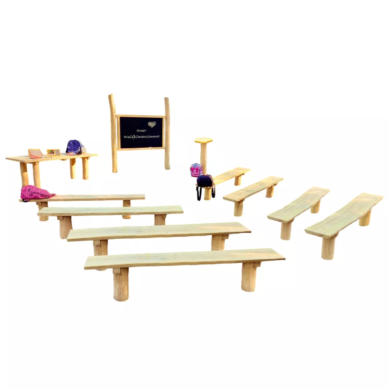 holzbank, holzbanken, waldklassezimmer, schule, set