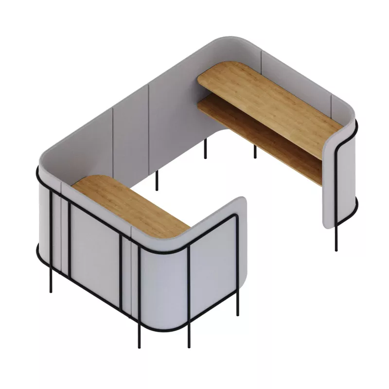 Bürotisch, Ecktisch, Holzregale, graue Paneele, schwarze Beine