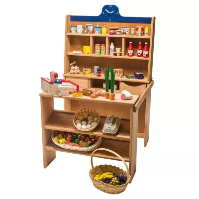 Holzregal, Kaufladen, Lebensmittelspielzeug, Eierkorb, Gemüsekorb