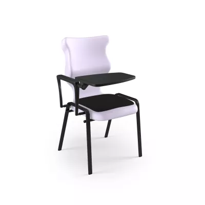 Schreibstuhl, Klapptisch, Kunststoffsitz, schwarzes Metallgestell, hellviolett