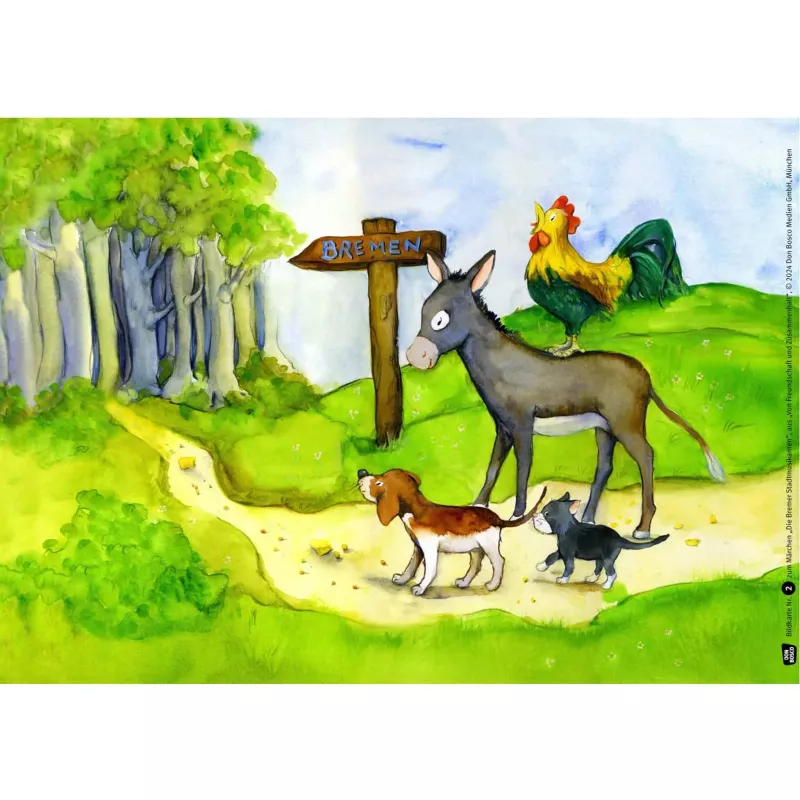 Esel, Pferd, Hühner, Hunde, Weg