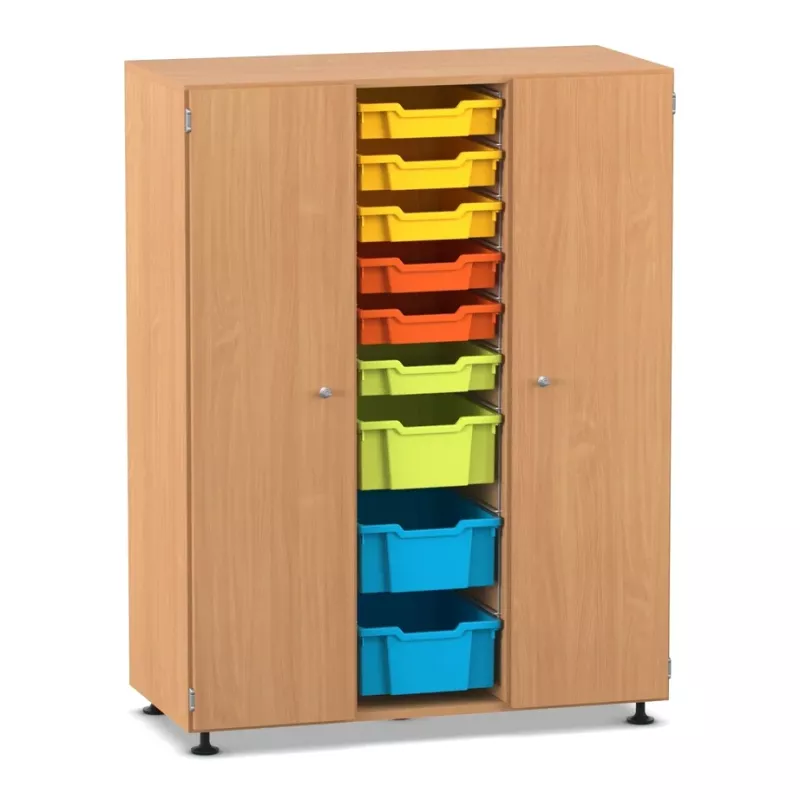 Kasten mit Schubladen, Holzschrank, Aufbewahrungsschrank, Bunte Kunststoffbehälter, Schrank mit Rollenfüßen