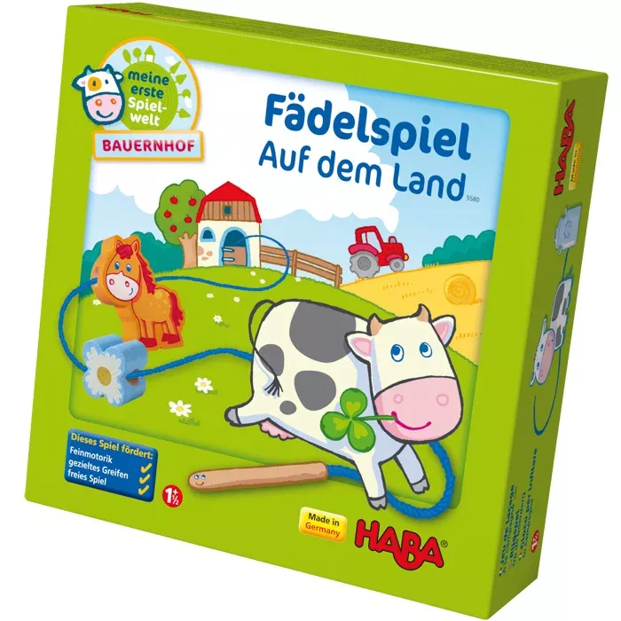 kinder-brettspiel, faden-spiel, landwirtschaft, kuh-motiv, holz-werkzeug
