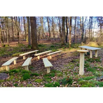 Holzbank, Holzstühle, Holztisch, Gartenmöbel, Waldpark