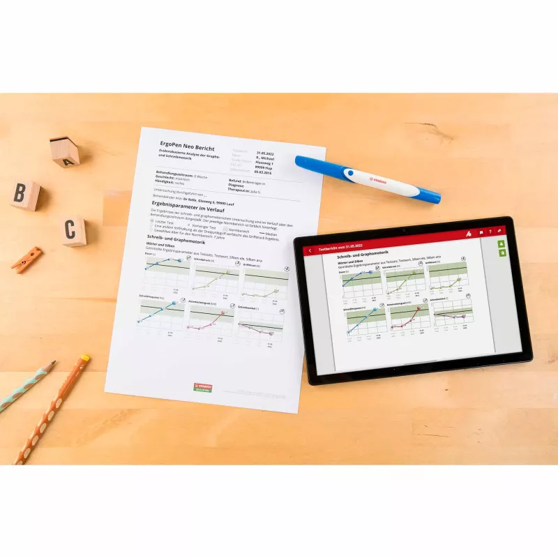 tablet, document, blauer stift, holzschreibtisch, Grafiken