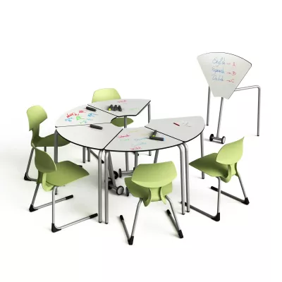 modular desk, group table, children chairs, green chairs, white table tops