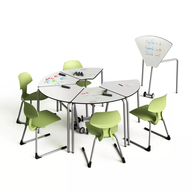 modular desk, group table, children chairs, green chairs, white table tops