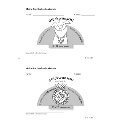 Schreiburkunde, Rechtschreibmeister, Schubi, Medaille, Spielerische Belobigung