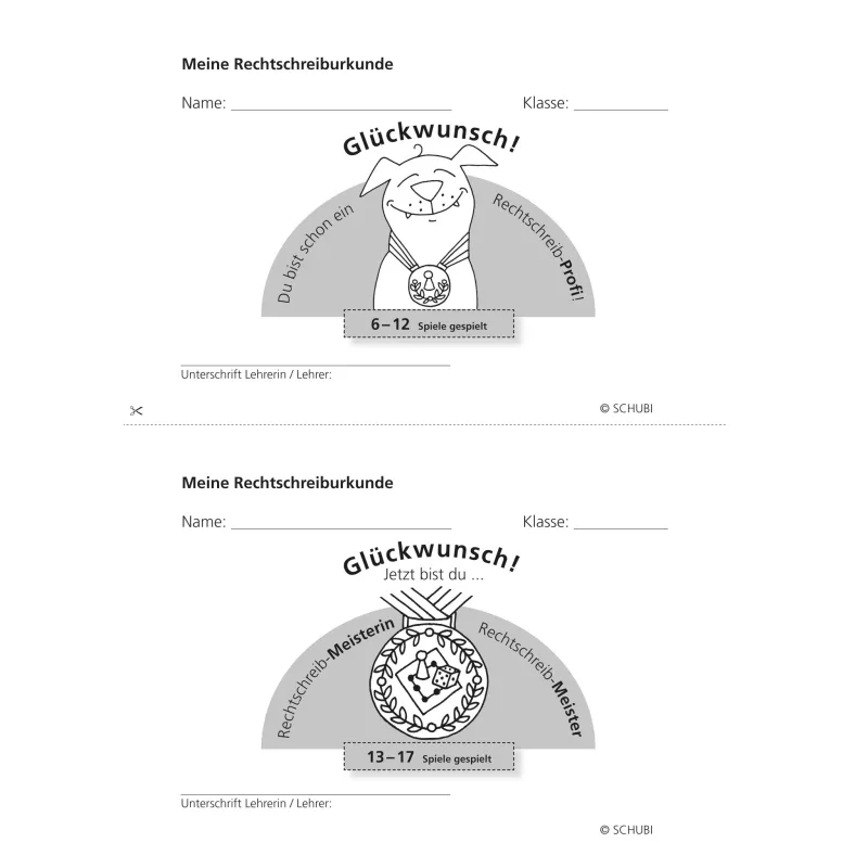 Schreiburkunde, Rechtschreibmeister, Schubi, Medaille, Spielerische Belobigung
