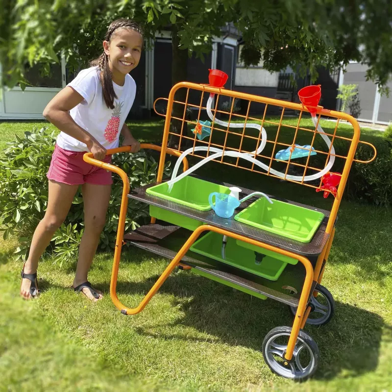 Kinderregal, Wasserstation, Sandkastenwagen, grün, orange