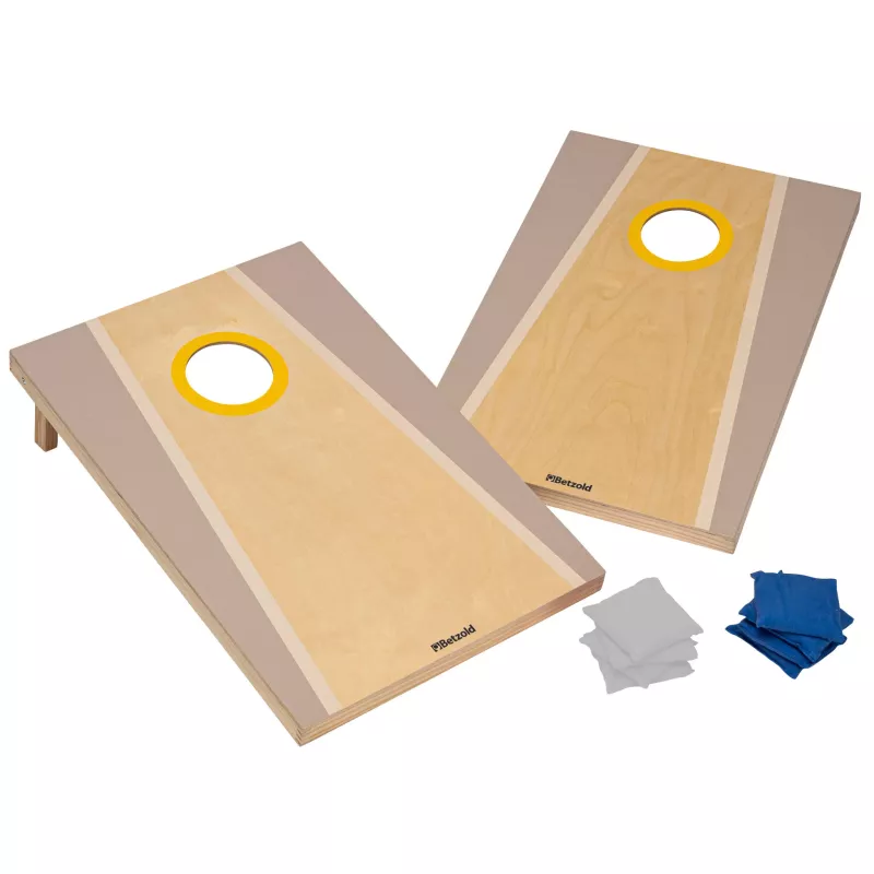 Cornhole-Spiel, Wurfspiel, Holzspiel, Zwei Spielbretter, Blaue und weiße Säckchen