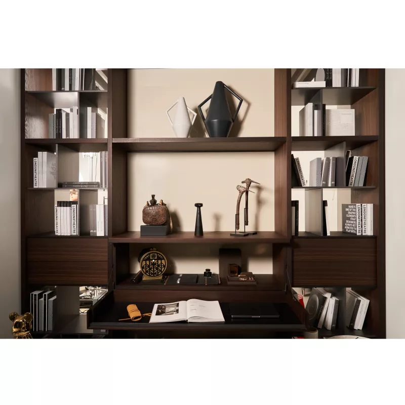 home office, bücherregal, dekorative gegenstände, schreibtisch, lampen sammlung