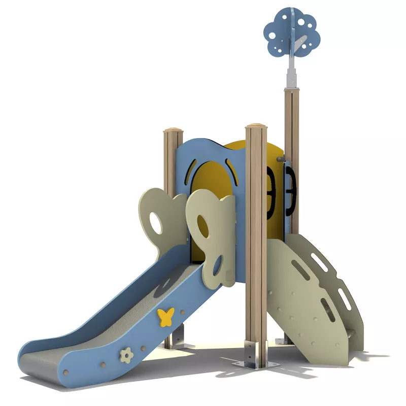 Klettergerüst, Spielturm, Rutsche, Holzpfosten, Kletterwand